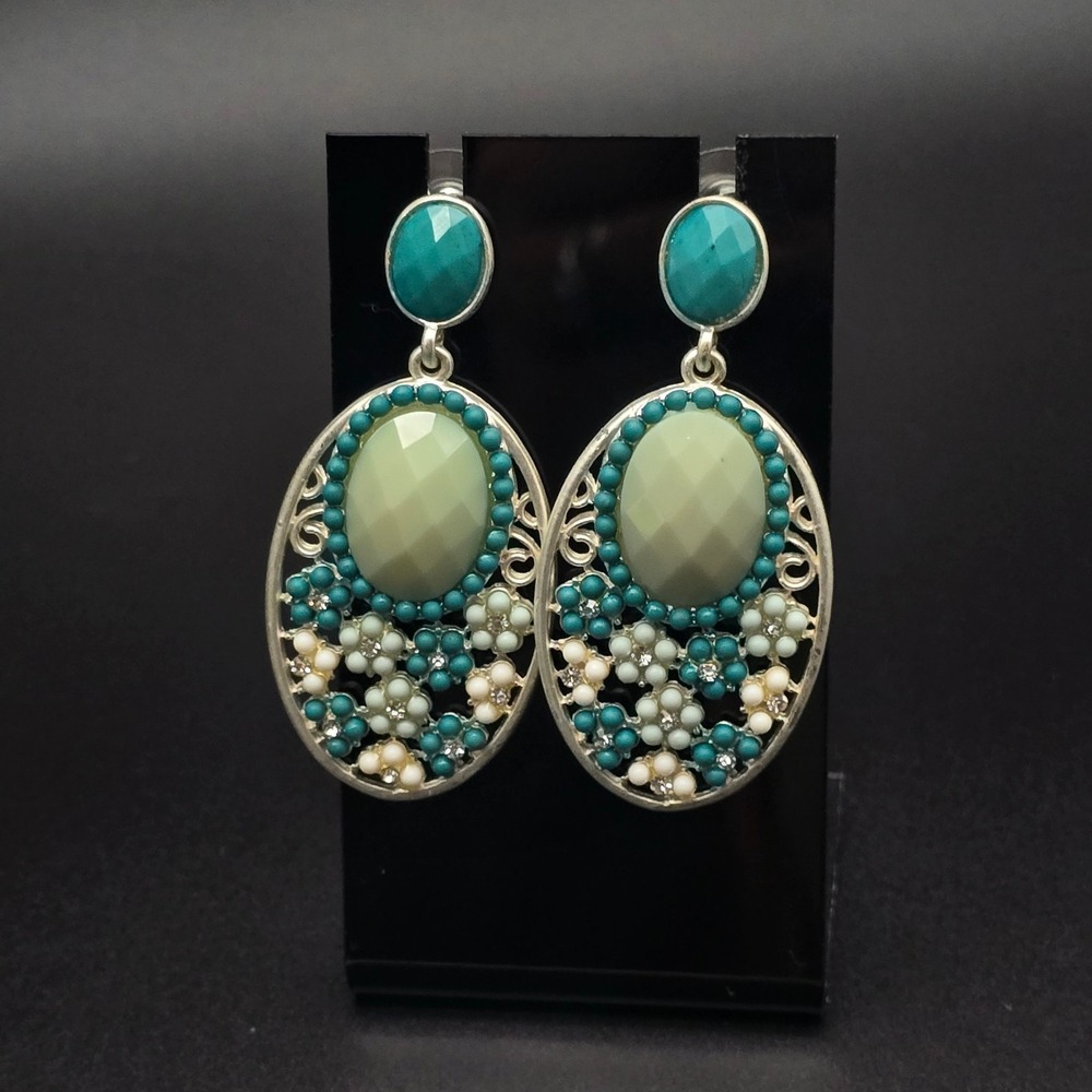 Teal Blue Flower Earrings Pierced Oval Spring Easter